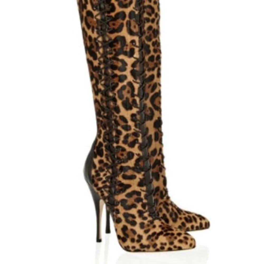 Brian Atwood Belle Cheetah Leapoard Leather CalfHair LaceUp Thigh Boots NEW 38 - Picture 2 of 11